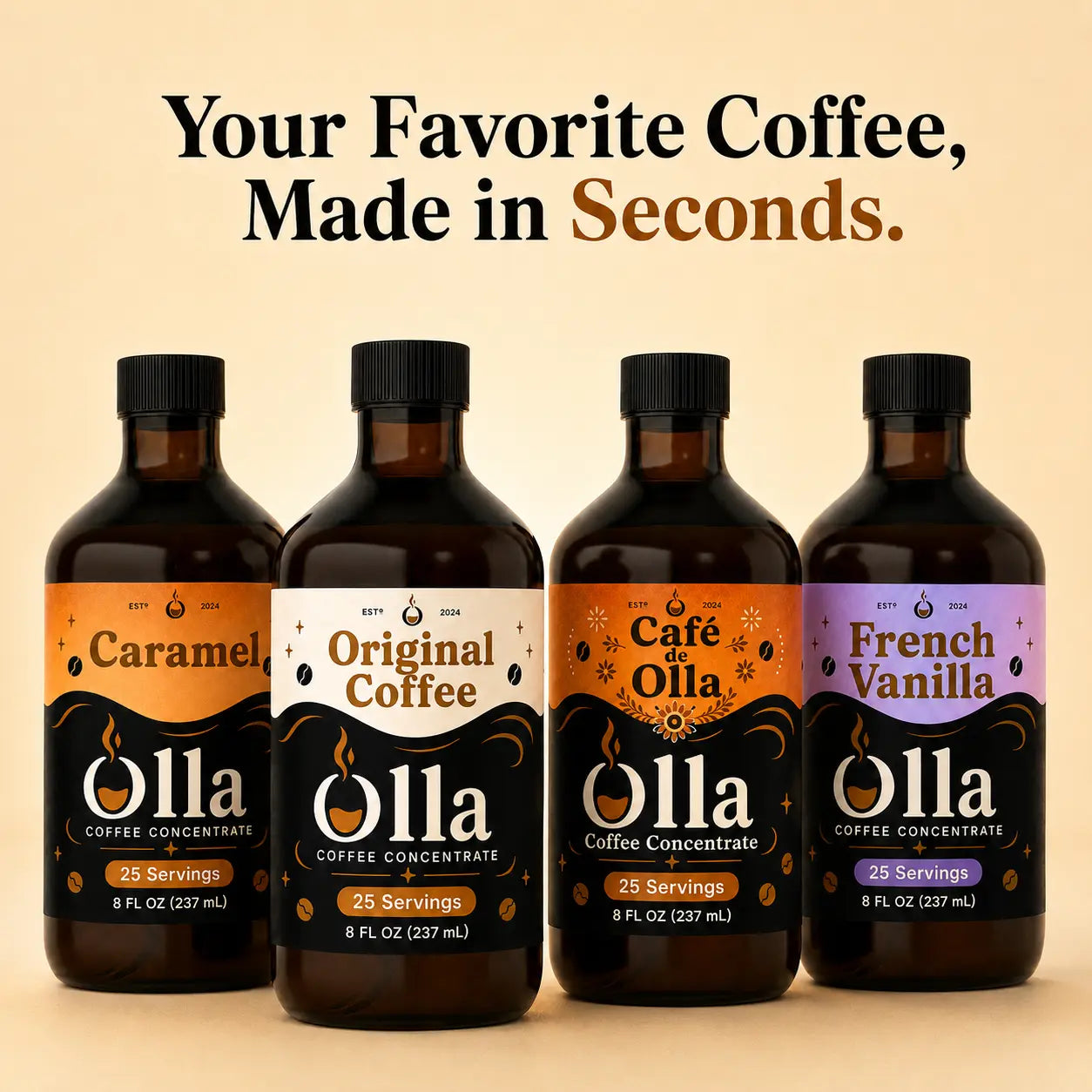 Four Olla Coffee Concentrate flavors: Caramel, Original Coffee, Café de Olla, and French Vanilla